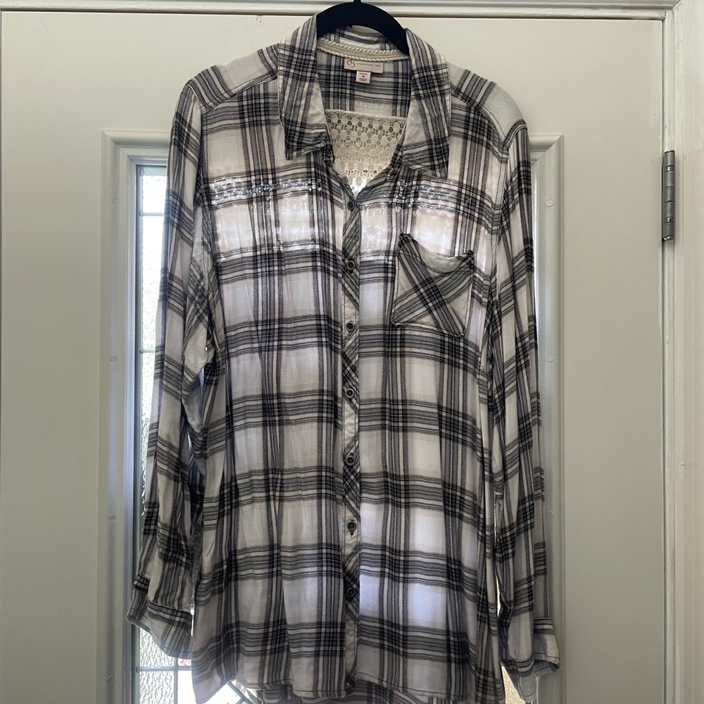 Classic DB Plaid Light Flannel Shirt w Unique Cotton Lace Yoke 1X